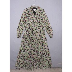 Cinq a Sept Floral Maxi Dress 4 Long Sleeve‎ Ruffle Trim Tiered Green Pink Boho